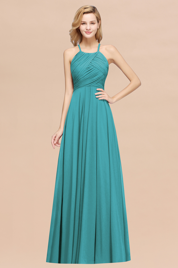 27prom Halter Crisscross Pleated Bridesmaid Dress Blue Chiffon Sleeveless Maid of Honor Dress-27prom