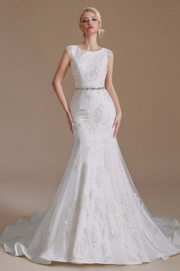 Mermaid Jewel Neck Long Wedding Dress with Tulle Lace