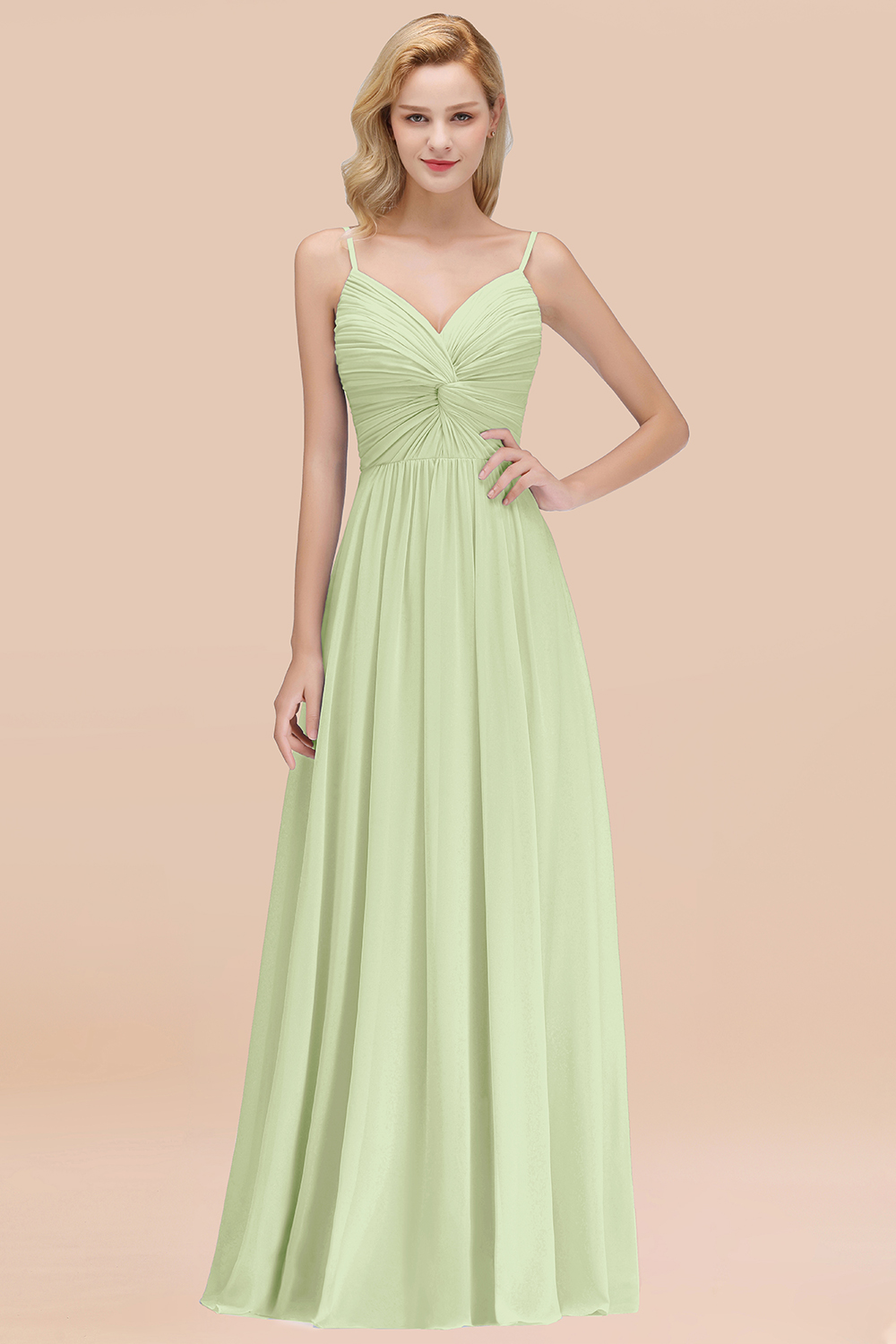 27prom Chic V-Neck Pleated Backless Bridesmaid Dresses with Spaghetti Straps-27prom