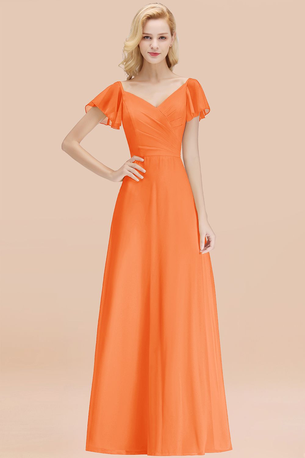 27prom Elegent Short-Sleeve Long Bridesmaid Dress Online Yellow Chiffon Wedding Party Dress-27prom