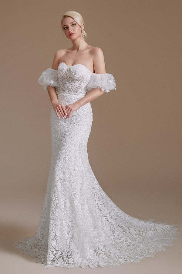 Long Mermaid Sweetheart Lace Wedding Dress with Detachable Sleeves