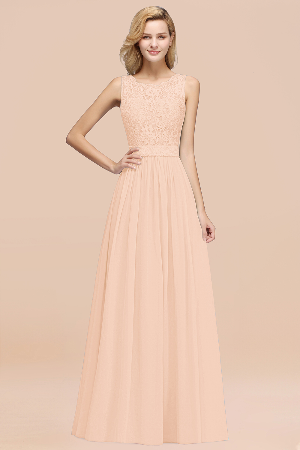 27prom Elegant Chiffon Lace Scalloped Sleeveless Ruffle Bridesmaid Dresses-27prom