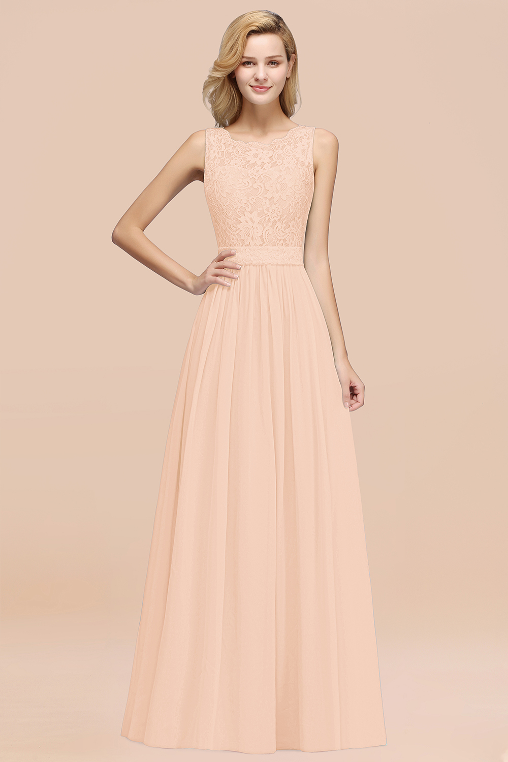 27prom Elegant Chiffon Lace Scalloped Sleeveless Ruffle Bridesmaid Dresses-27prom
