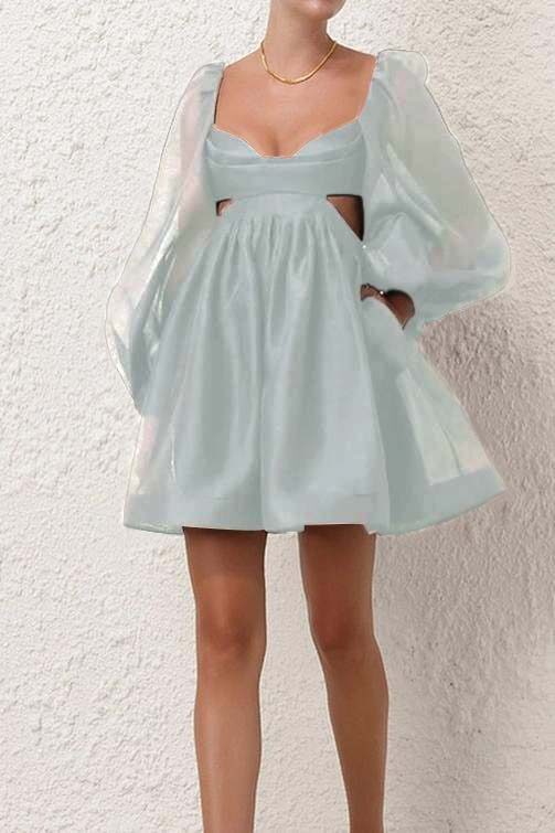 Black Long Sleeves Backless A Line Short Prom Dress With Pockets