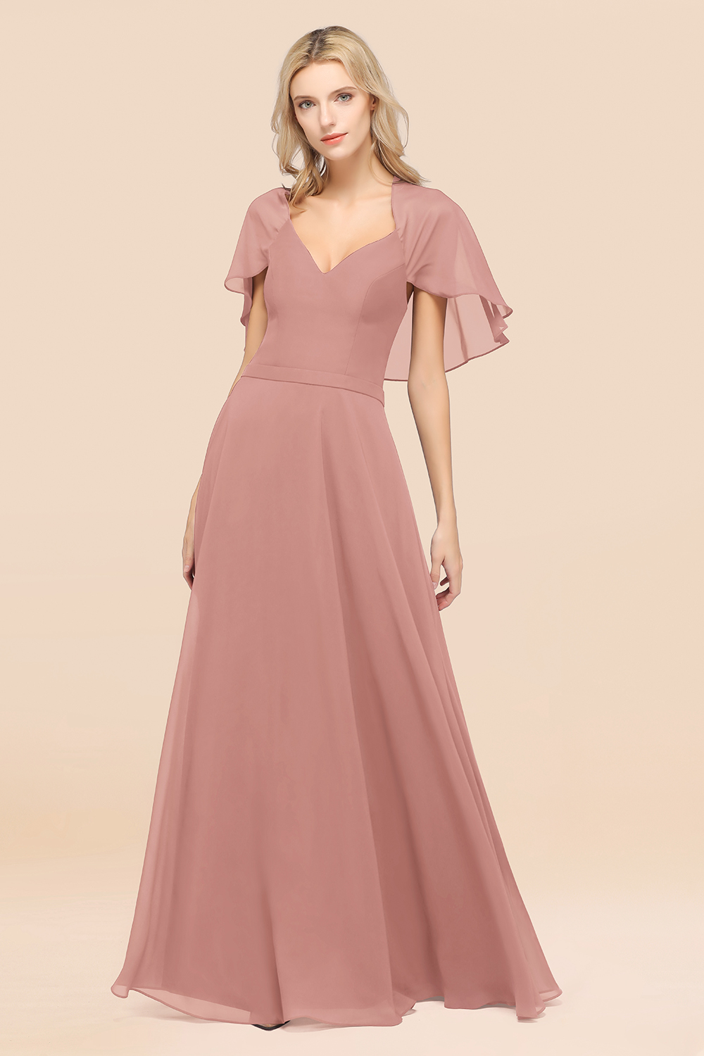 27prom Chic Satin V-Neck Long Burgundy Chiffon Bridesmaid Dress with Flutter Sleeve-27prom