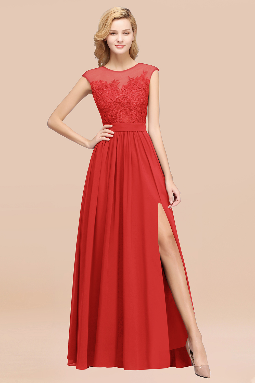 27prom Affordable Scoop Lace Appliques Yellow Bridesmaid Dresses with Slit-27prom