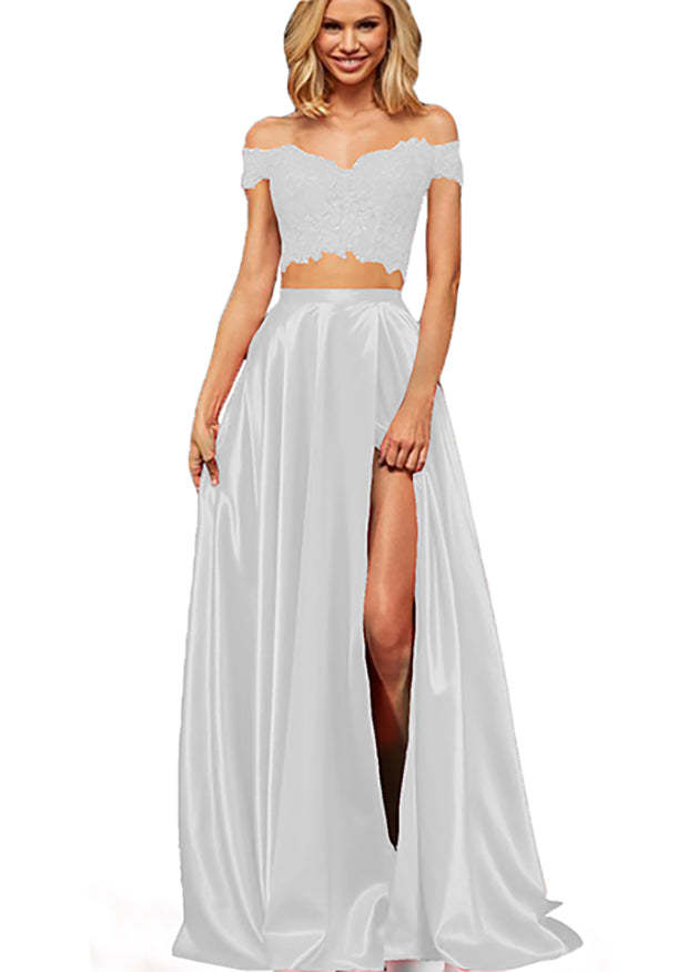 Off-the-Shoulder Two Pieces Prom Dress with Appliques and Slit