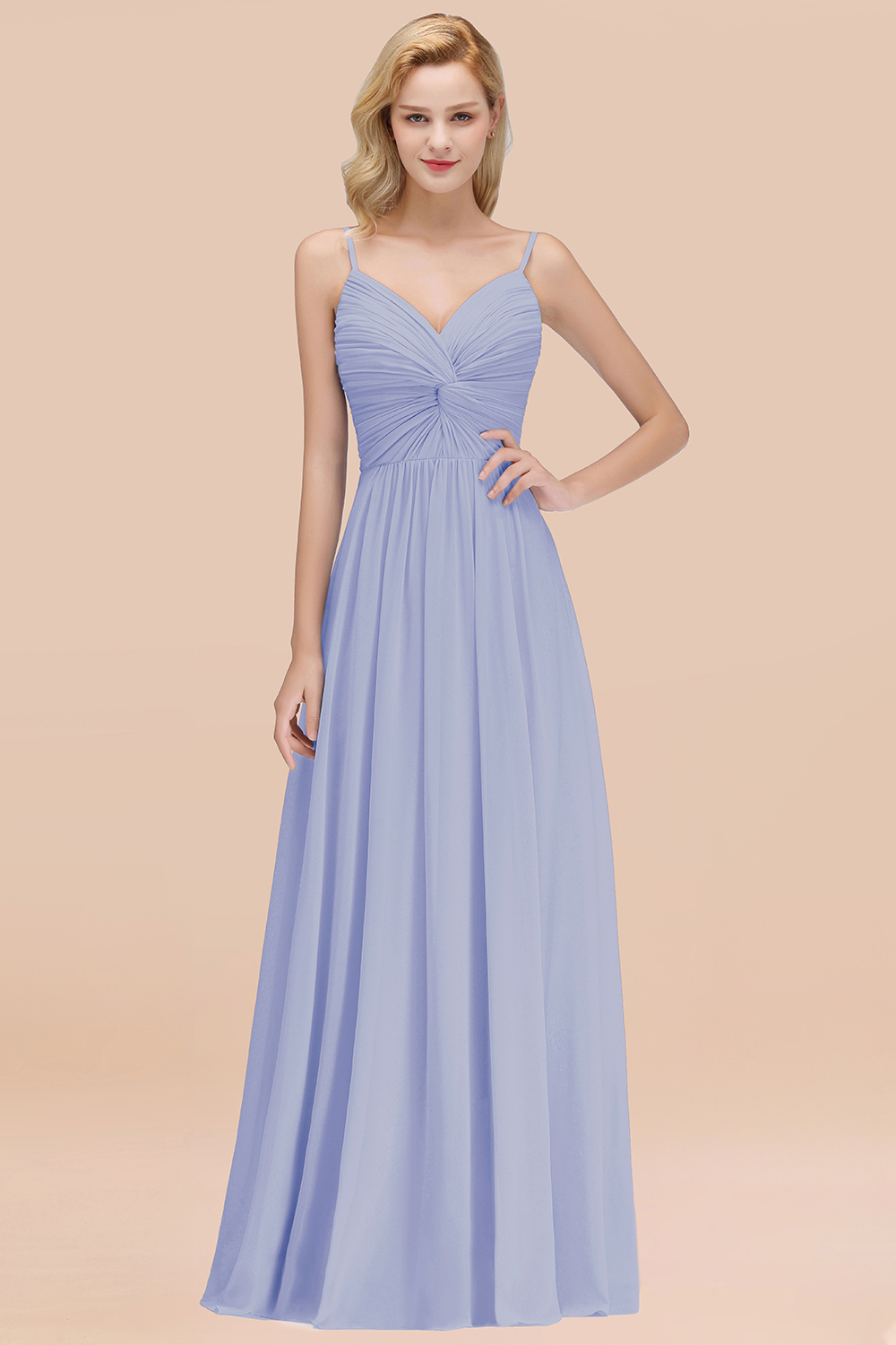 27prom Chic V-Neck Pleated Backless Bridesmaid Dresses with Spaghetti Straps-27prom