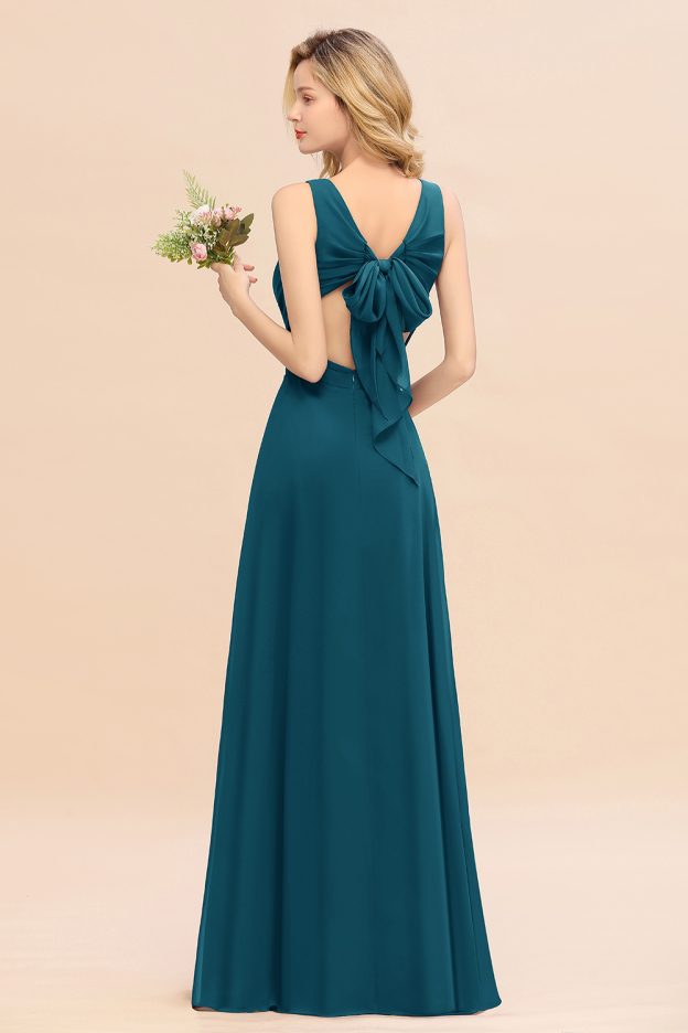 27prom Affordable V-Neck Ruffle Long Grape Chiffon Bridesmaid Dress with Bow-27prom