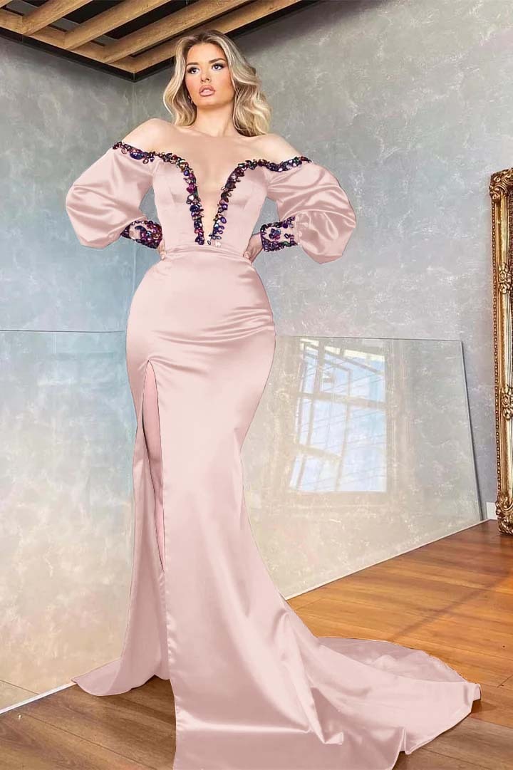 Purple Mermaid Beadings Front Split Prom Dress Off the Shoulder With Long Sleeves V Neck