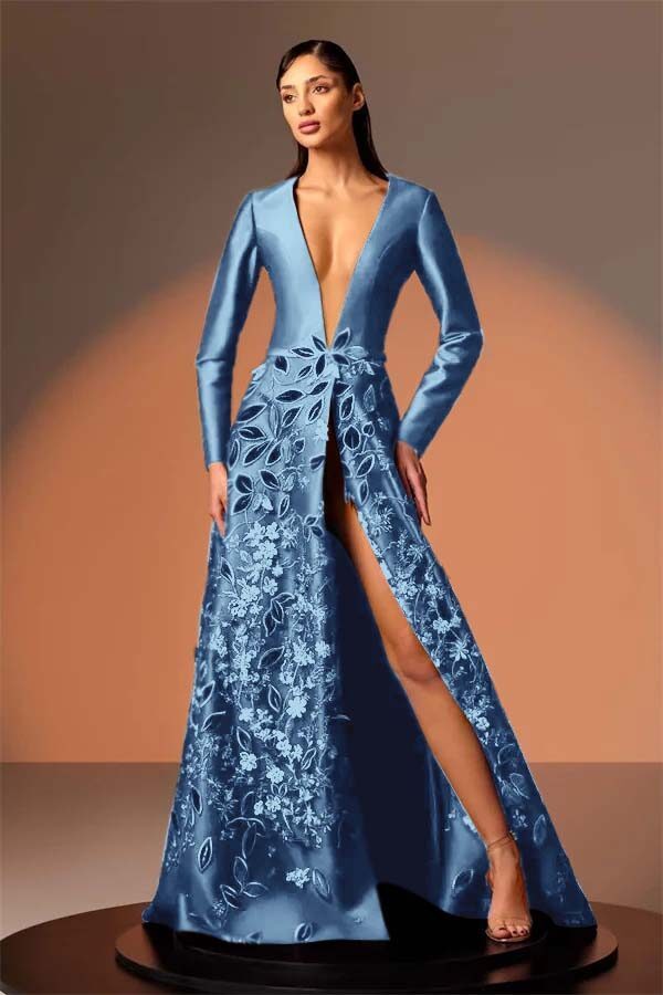 Long Sleeves Deep V Neck High Split Long Prom Dress With Appliques