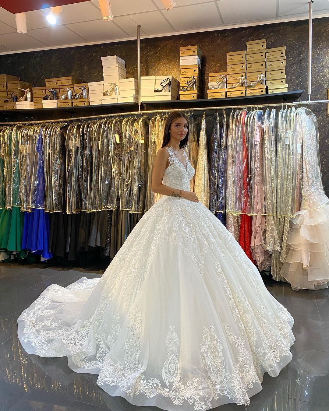 Gorgeous Lace Backless Floor-Length Wedding Dress with Train and V-Neck Appliques