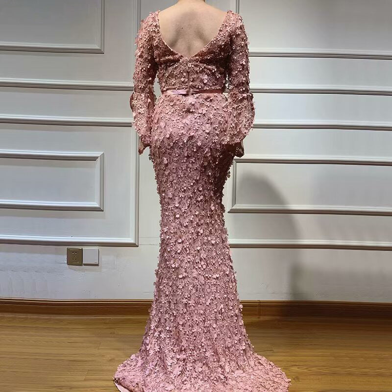 Dusty Rose Prom Dress, V-Neck Long Sleeve Mermaid with Applique