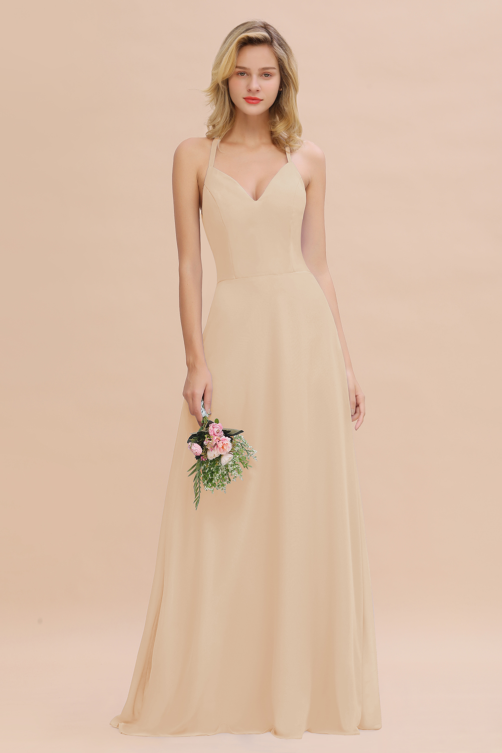 27prom Modest Halter V-Neck Sleeveless Long Bridesmaid Dresses Online-27prom