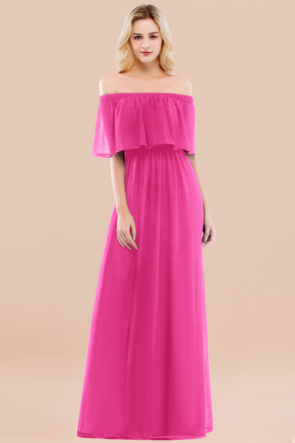 27prom Vintage Off-the-Shoulder Long Burgundy Bridesmaid Dress with Ruffle-27prom