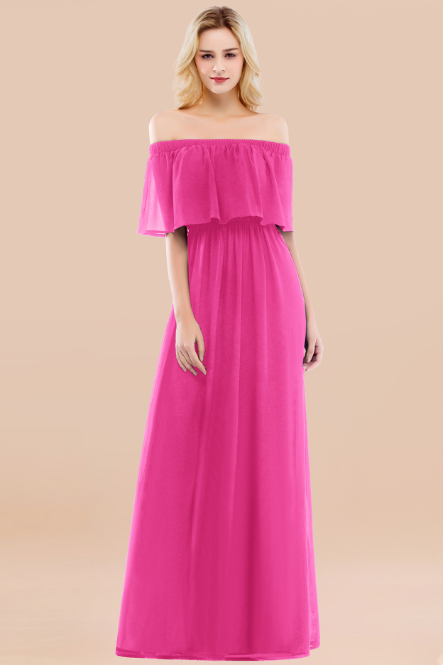 27prom Vintage Off-the-Shoulder Long Burgundy Bridesmaid Dress with Ruffle-27prom