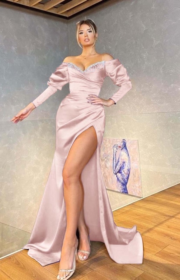 Off the Shoulder Mermaid Royal Blue Long Sleeves Prom Dress Beading