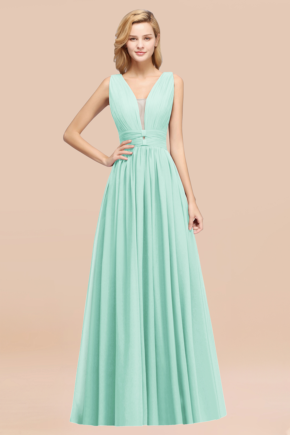 27prom Modest Dark Green Long Bridesmaid Dress Deep V-Neck Chiffon Maid of Honor Dress-27prom