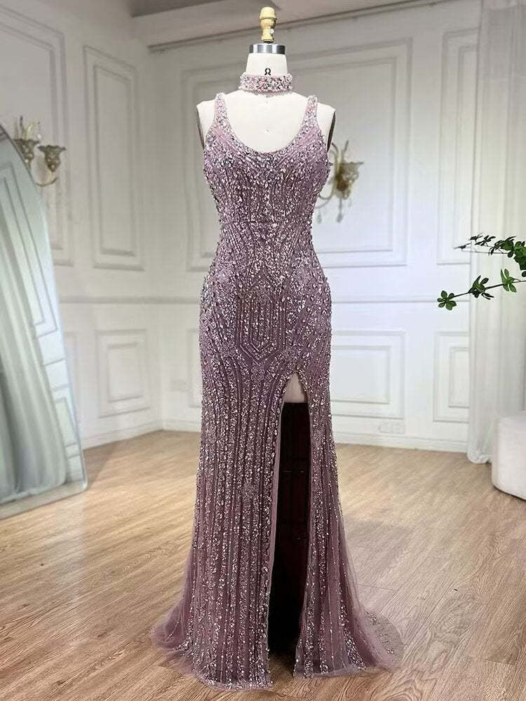 Luxurious Square Beaded Embroidered Formal Evening Dress with Slit