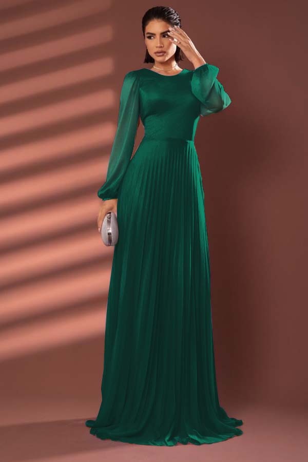 Chiffon Jewel Neck Long Sleeves Long Prom Dress With Pleated