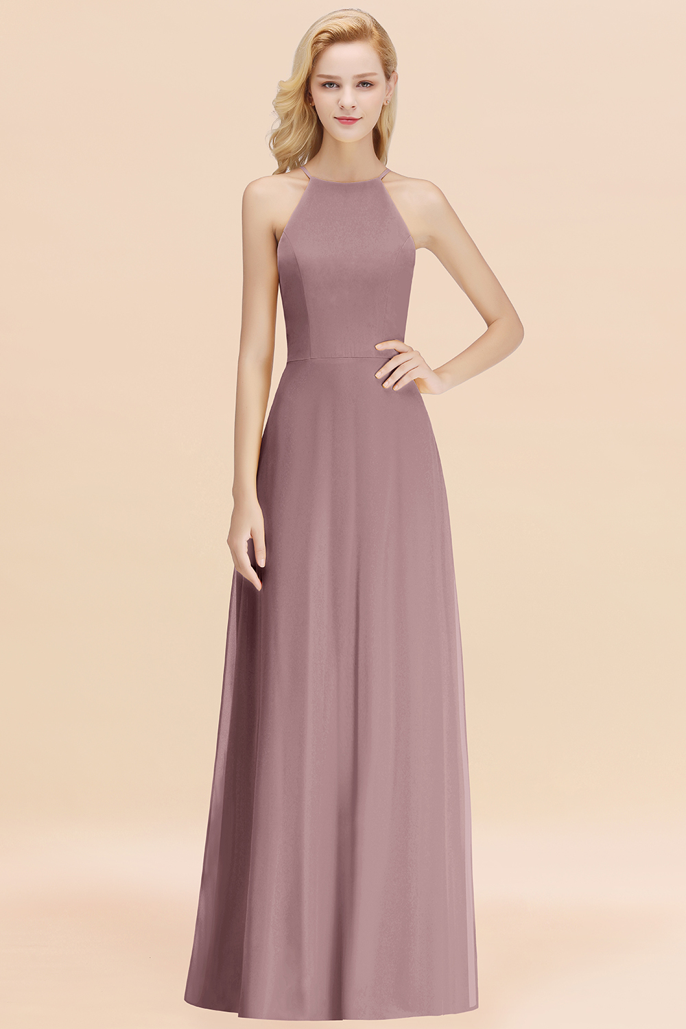 27prom Modest High-Neck Yellow Chiffon Affordable Bridesmaid Dresses Online-27prom