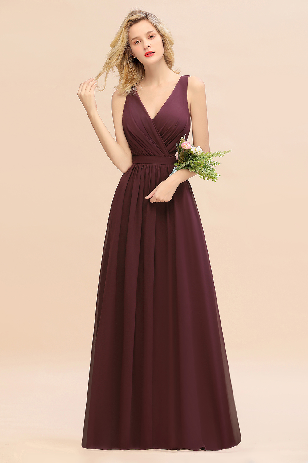 27prom Affordable V-Neck Ruffle Long Grape Chiffon Bridesmaid Dress with Bow-27prom