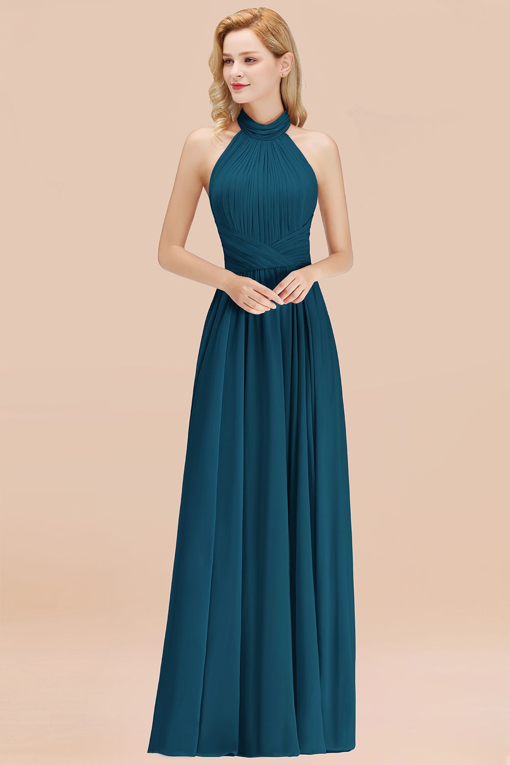 27prom Gorgeous High-Neck Halter Backless Bridesmaid Dress Dusty Rose Chiffon Maid of Honor Dress-27prom