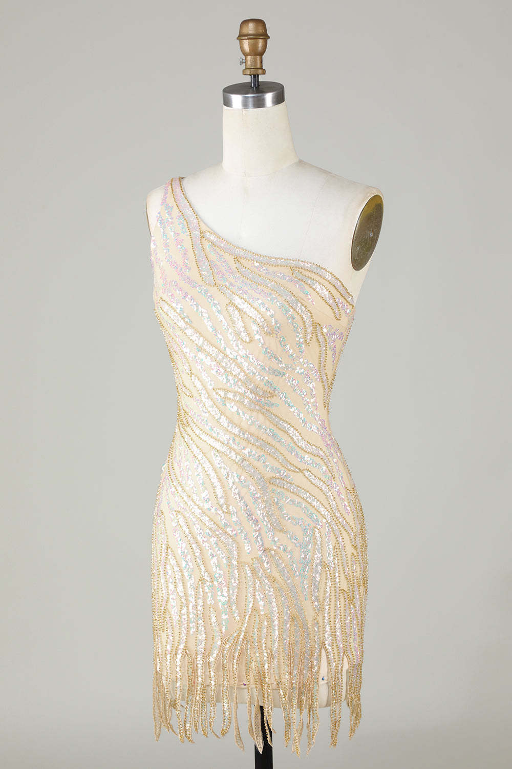 Blue One-Shoulder Sheath Sequin Short Homecoming Dress with Tassel
