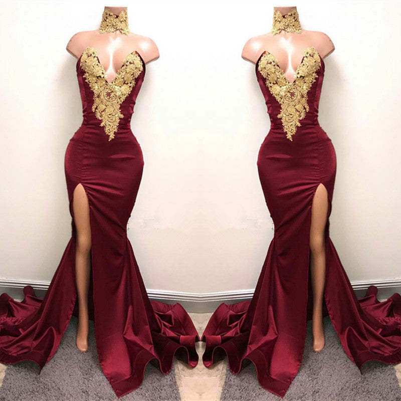 Burgundy V-Neck Mermaid Prom Dress with Split and Lace Appliques