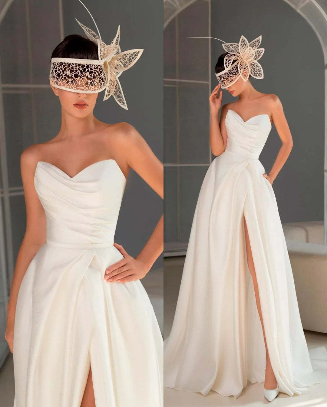 Elegant Strapless Pleated Prom Dress, Chic Split Long