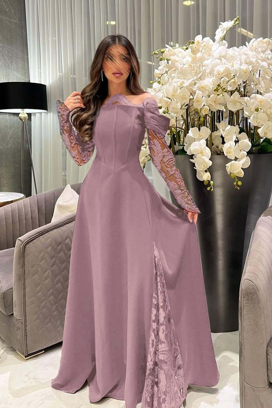 White Off the Shoulder Long Sleeves Long Prom Dress With Appliques
