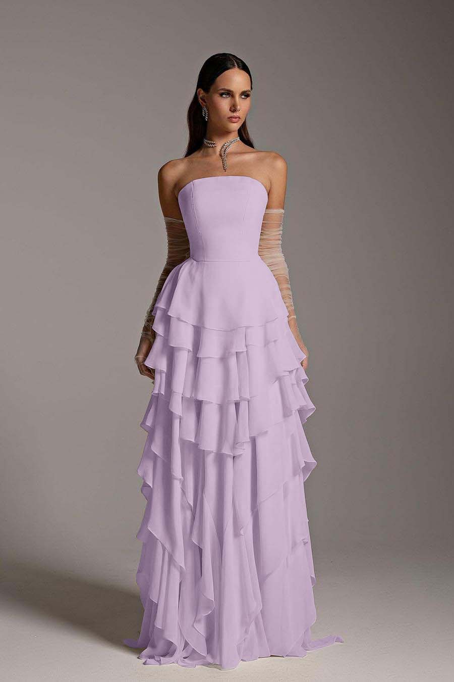 Charming Strapless Sleeveless Ruffles Long Prom Dress With Gloves