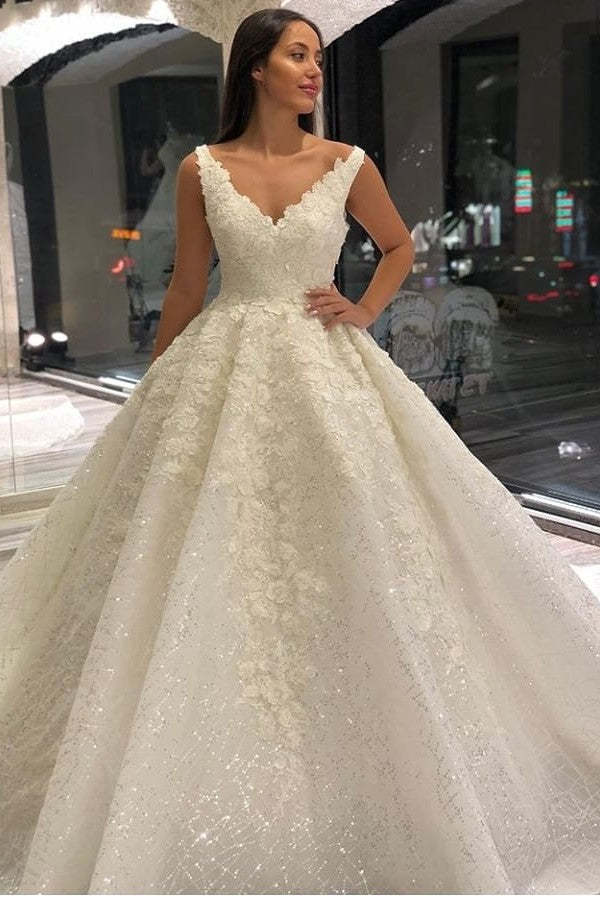 A-Line Deep V-Neck Floor-Length Wedding Dress with Lace and Sequin Appliques