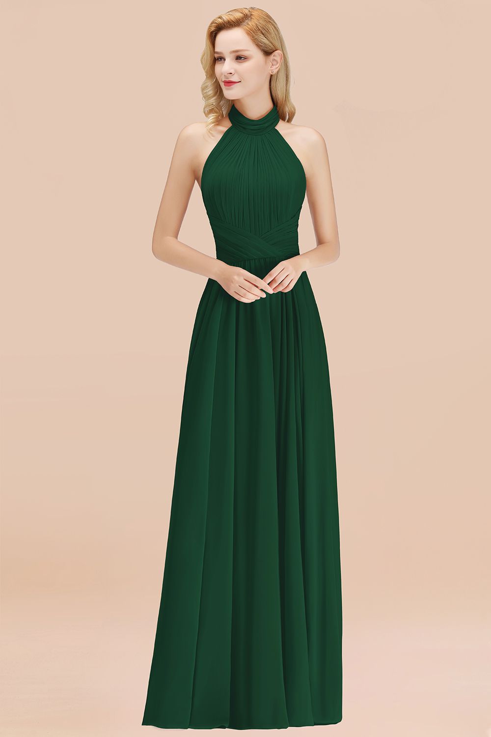 27prom Gorgeous High-Neck Halter Backless Bridesmaid Dress Dusty Rose Chiffon Maid of Honor Dress-27prom