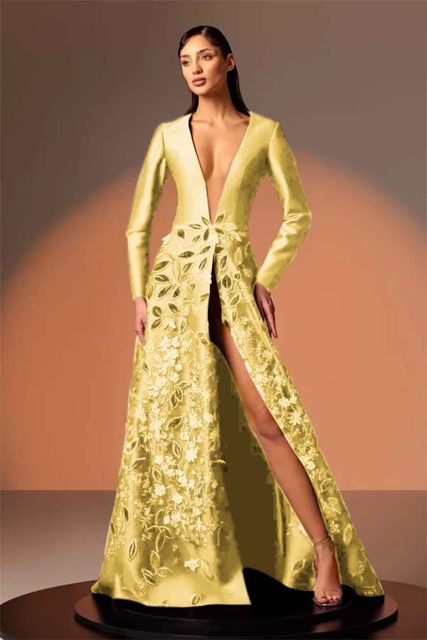 Long Sleeves Deep V Neck High Split Long Prom Dress With Appliques