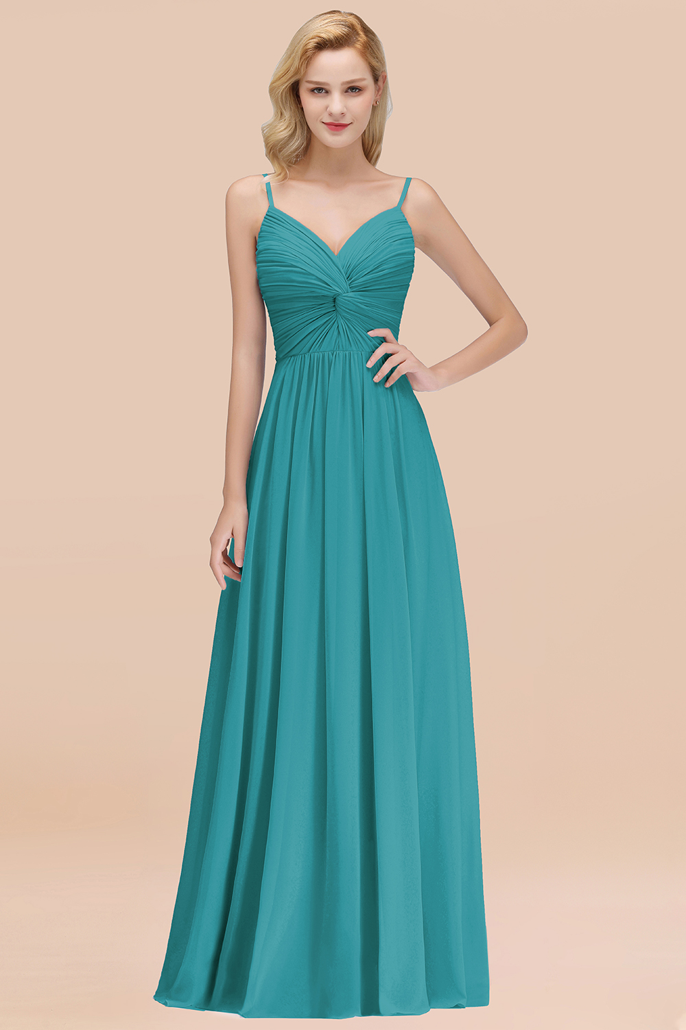 27prom Chic V-Neck Pleated Backless Bridesmaid Dresses with Spaghetti Straps-27prom