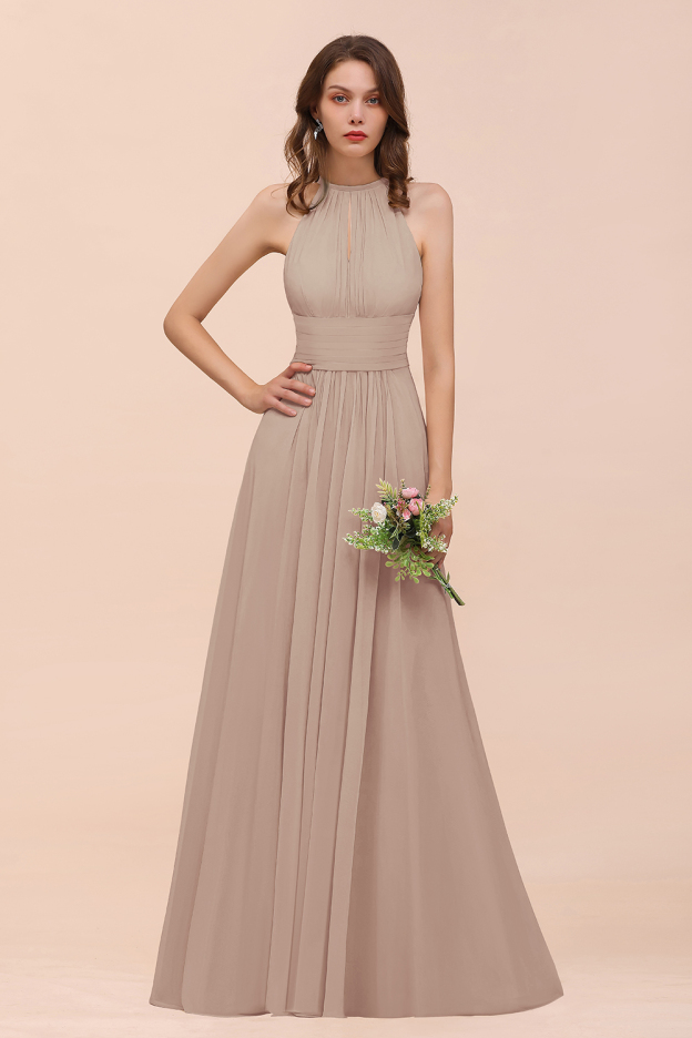 27prom Elegant Chiffon Jewel Ruffle Champagne Affordable Bridesmaid Dress Online-27prom