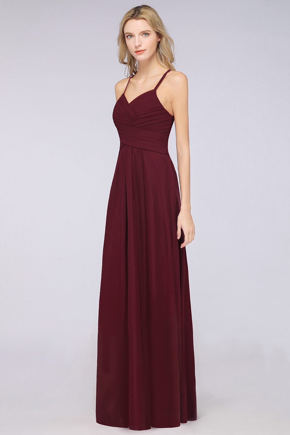 27prom Affordable Spaghetti Straps V-Neck Burgundy Chiffon Bridesmaid Dress with Keyhole Back-27prom