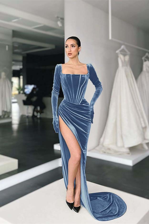 Stunning Square Neck Long Sleeves Pleated Long Prom Dress With Side Split