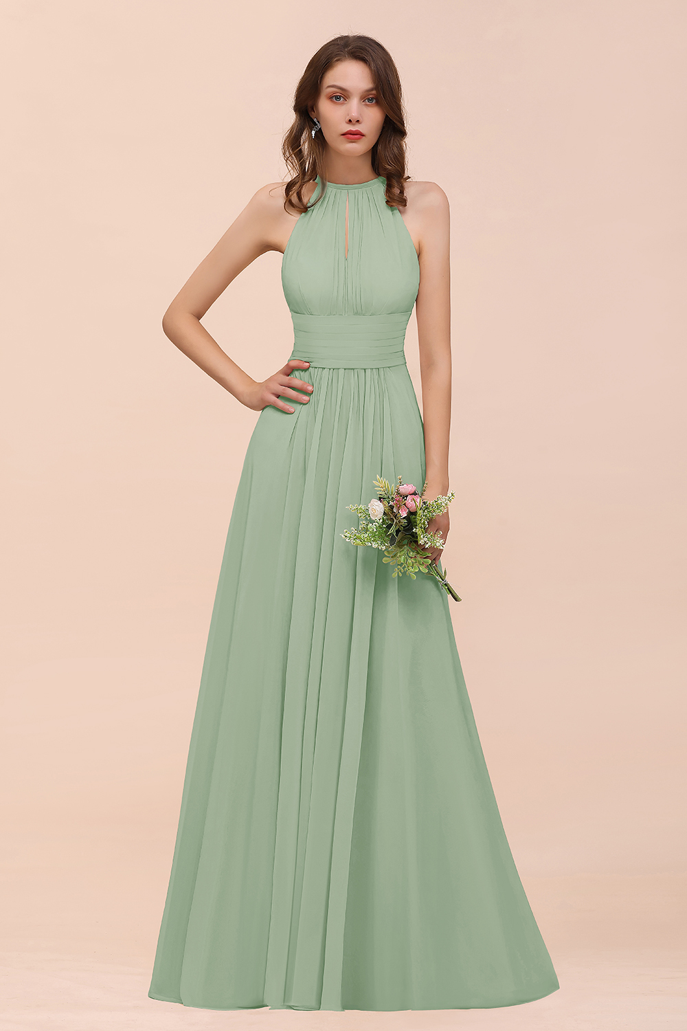 27prom Elegant Chiffon Jewel Ruffle Champagne Affordable Bridesmaid Dress Online-27prom