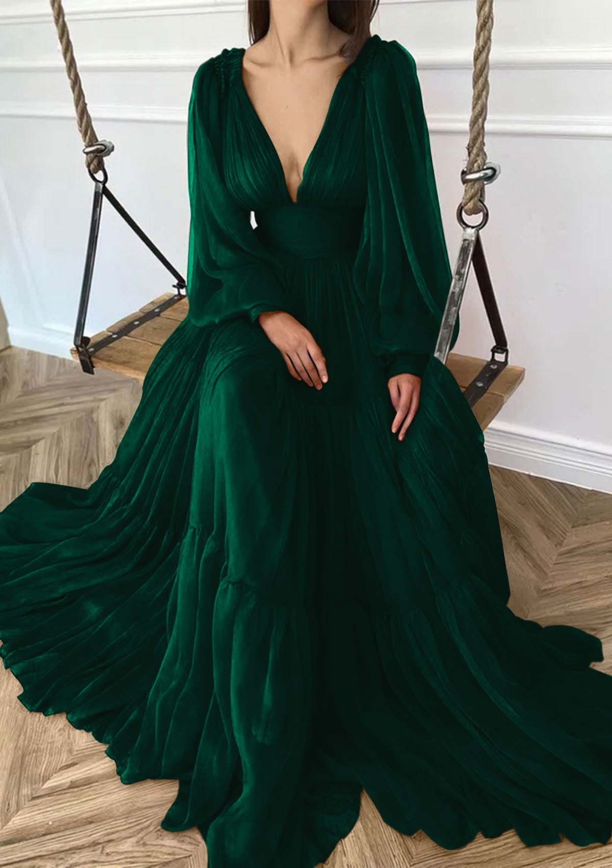 Deep V Neck Long Sleeves High Waist Long Prom Dress With Ruffles