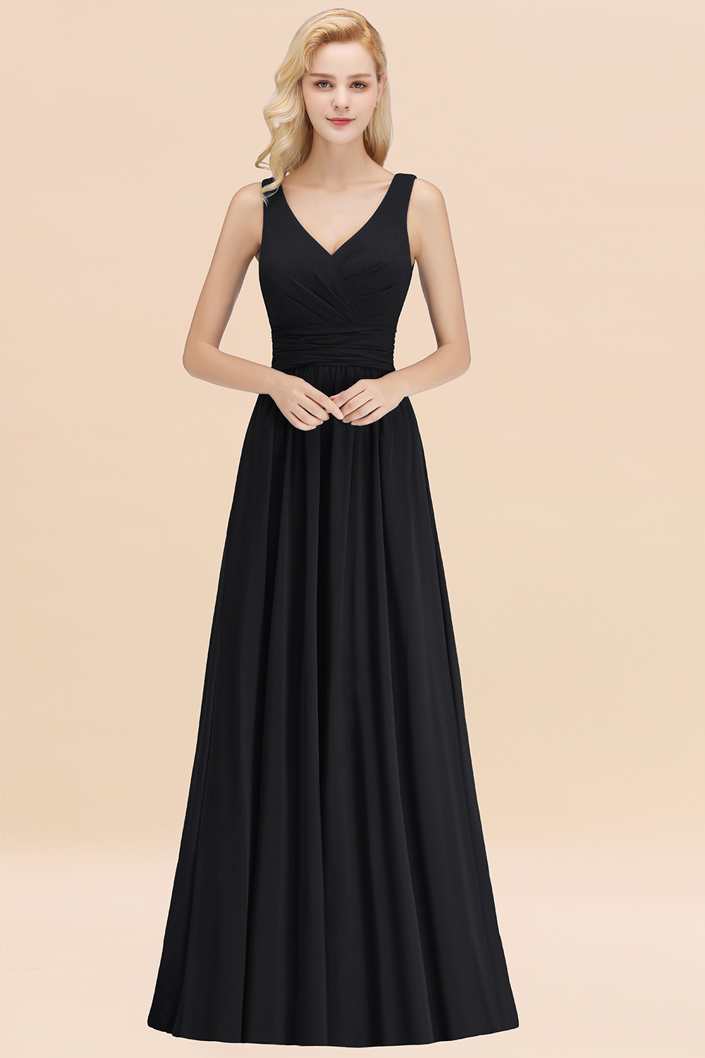 27prom Modest Sleeveless V-Neck Long Chiffon Bridesmaid Dress Online with Ruffle-27prom