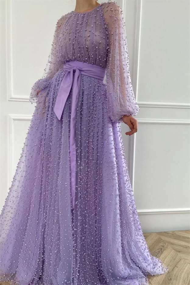 Long Sleeves Long Jewel Neck Prom Dress With Pleated Beading