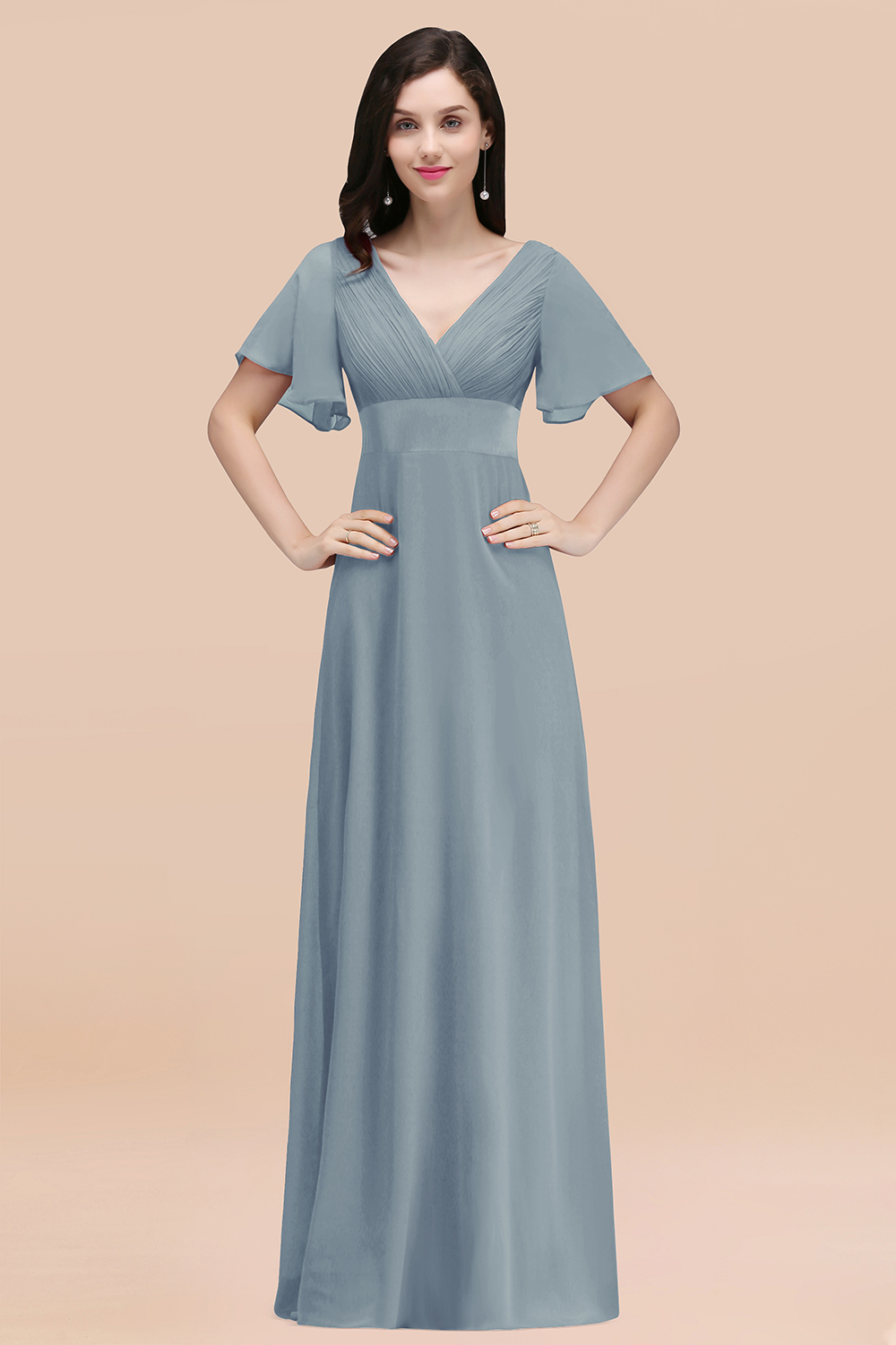 27prom Affordable V-Neck Ruffle Long Burgundy Bridesmaid Dress With Short-Sleeves-27prom