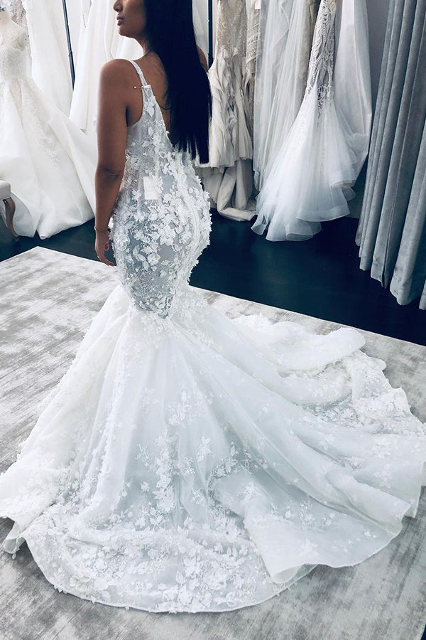 Floral Sleeveless Beaded Strap Mermaid Wedding Dress with V-Neck