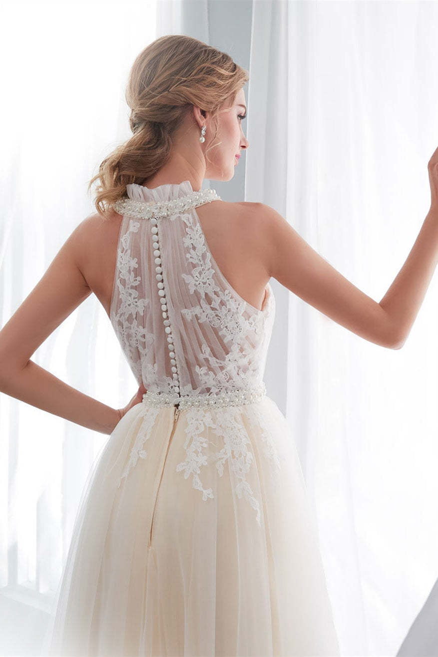 High Neck Tulle Wedding Dress with Appliques
