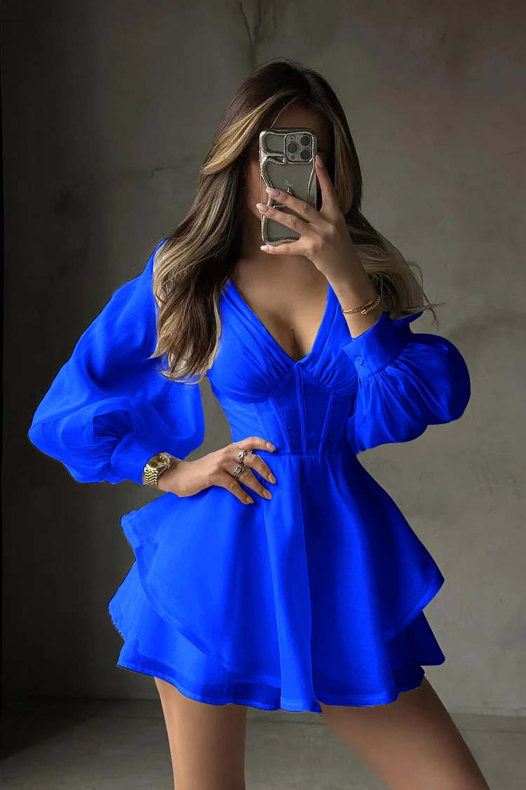 White Long Sleeves V Neck Short Prom Dress With Ruffles Pleated