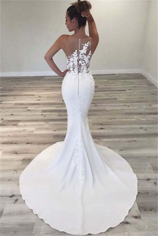 Sleeveless Jewel Long Mermaid Wedding Dress with Lace Appliques