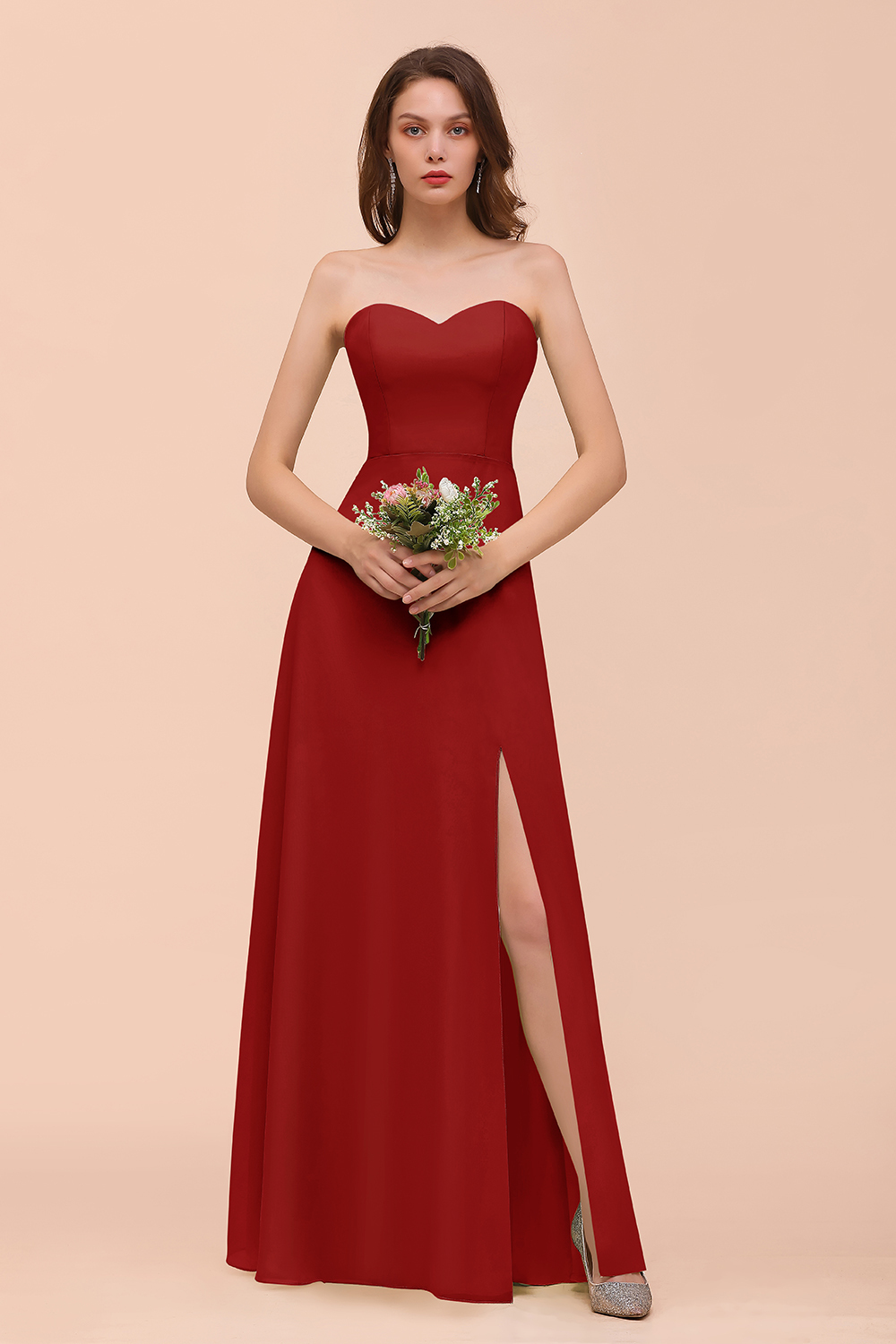 27prom Affordable Strapless Front Slit Long Dusty Sage Bridesmaid Dress-27prom