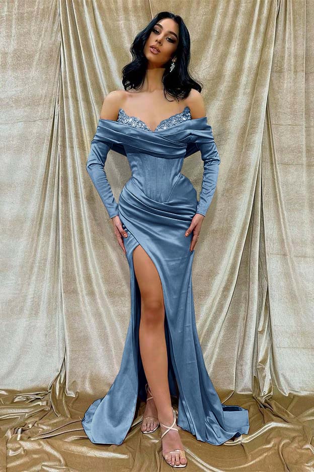 Off the Shoulder Long Sleeves Mermaid Long Prom Dress With Beading